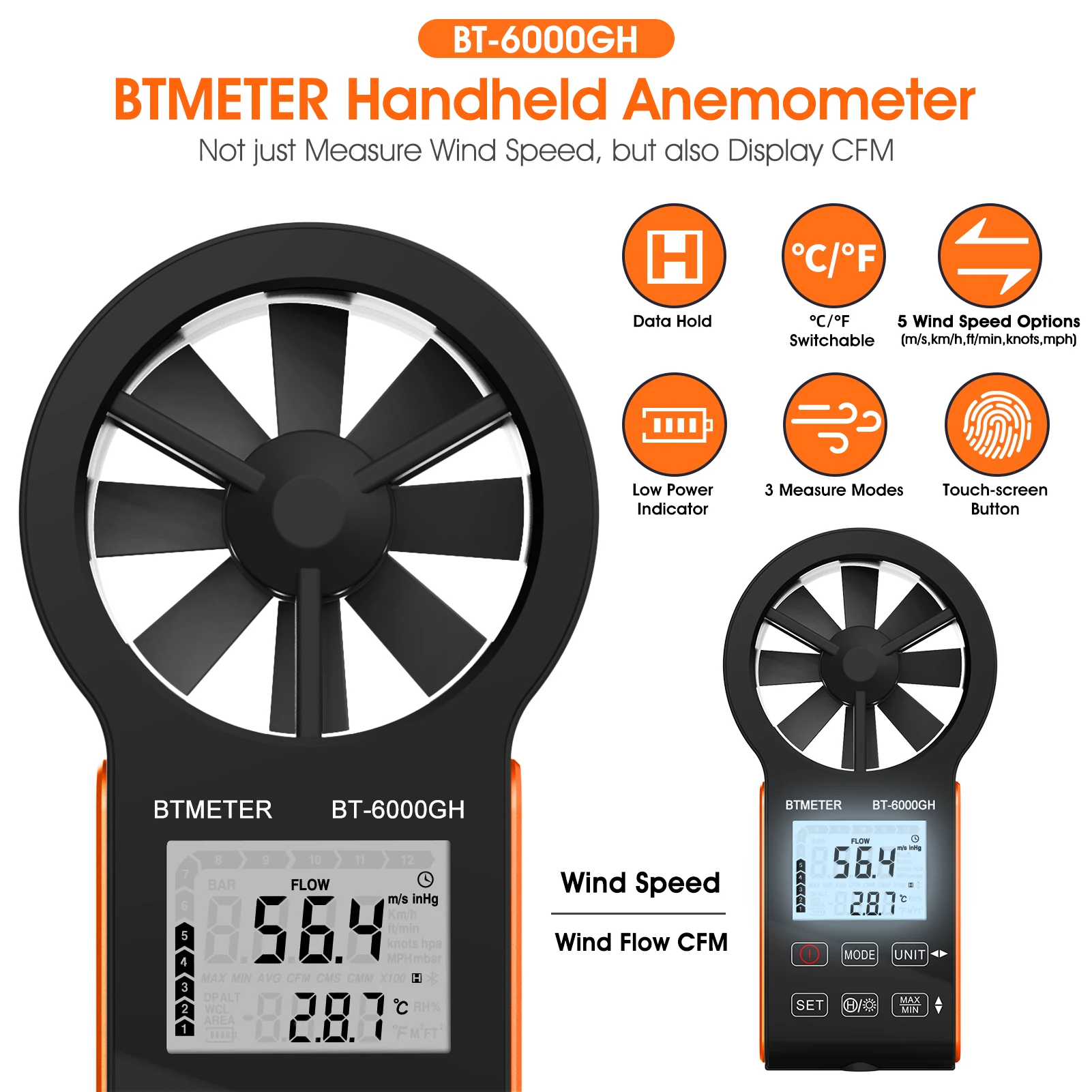 BTMETER 6000GH LCD Digital Anemometer Thermometer Handheld Wind Speedometer Touch Screen Tools Windmesser Air Flow Rpm Meter