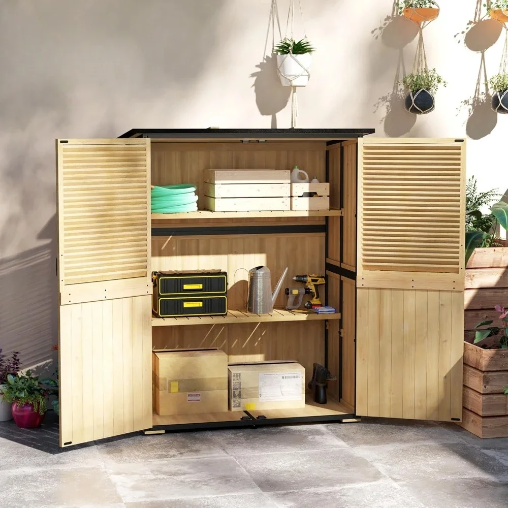 

Outdoor Storage Cabinet, Wood Garden Tool Shed with Lock, Steel Frame and Asphalt Roof, Garden Storage Shed