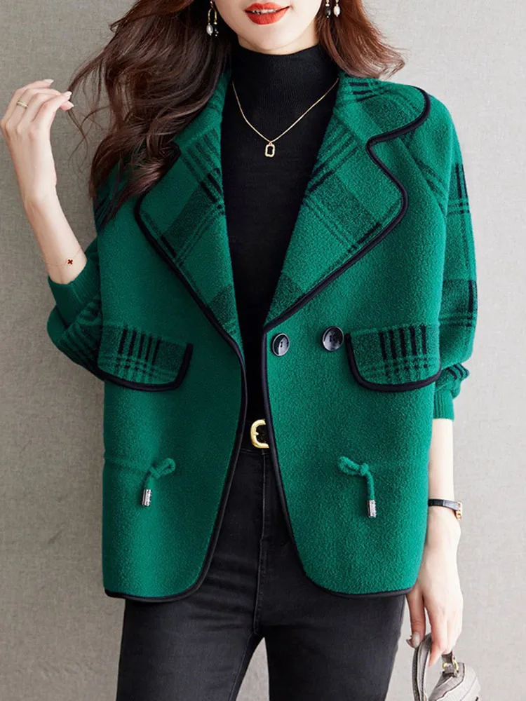 Turn-down Collar Fashion Elegant Coat Jackets Women's Casual Striped Korean Chaquetas Short Woolen Lapel New Outerwear Top