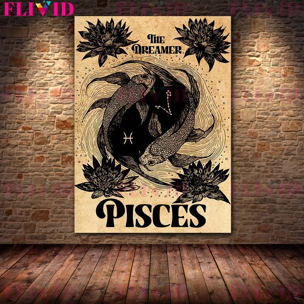 ليو ، الجدي ، السرطان ، الدلو زودياك ستار تسجيل دوت العمل طباعة التنجيم خمر الفن طباعة السحر المشارك طباعة ديكور جدار الفن #3