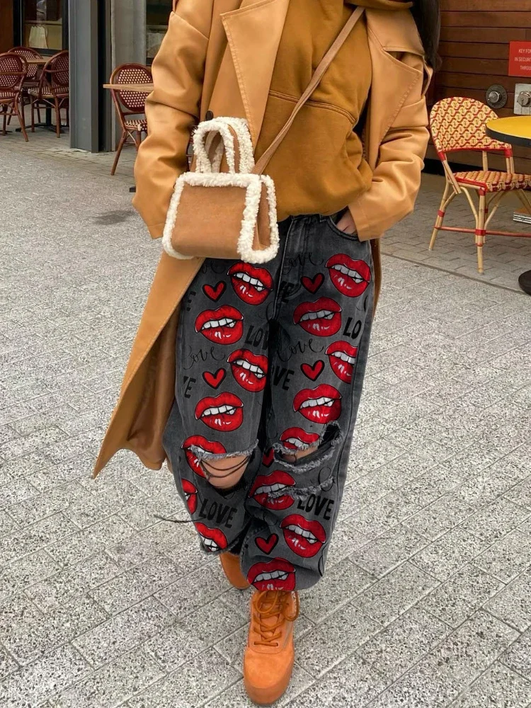 Fashion Printed High Waist Loose Wide Legs Women's Jeans 2024 Spring and Autumn New Street Style Ripped Mop Jeans Female