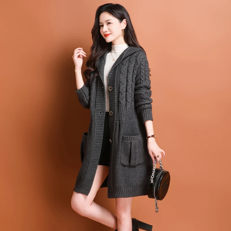 2024 New Arrive Women Jacquard Knitwear Dark Gray Camel Sculptured Bulky Rib Knitted Cardigan Sweaters Cosy Soft Hooded Coats