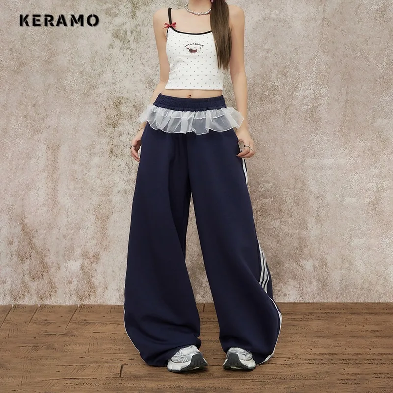 

Women's Casual Wide Leg Elastic Waist Striped High Waist Sweatpants 2025 Summer Korean Streetwear Patchwork Daily Joggers Pants
