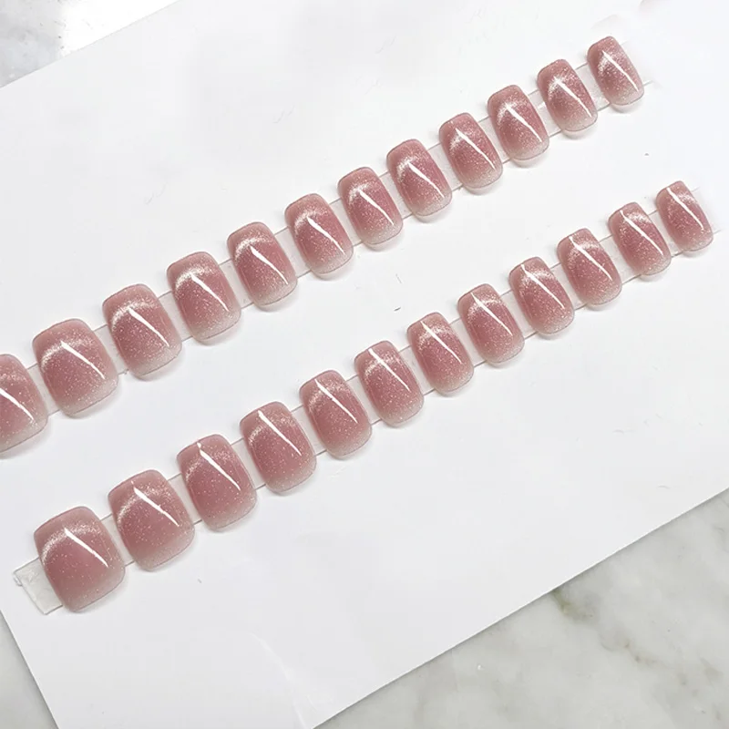 24 pcs short ballet-shaped French minimalist smile cat-eye nails +1 nail glue +1 nail file