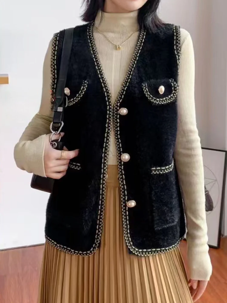 Glittery Contrast Trim Knit Vest with Pocket Pearl Button Brush Sleeveless Cardigan Sweater Women Fall Winter Classic Outfit