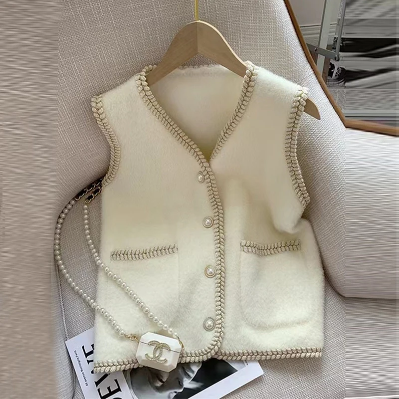 Women Stylish Vintage Luxury Chic Mink Beaded Button Sweater Vest Elegant V Neck Sleeveless Slim Black White Knitted Waistcoat