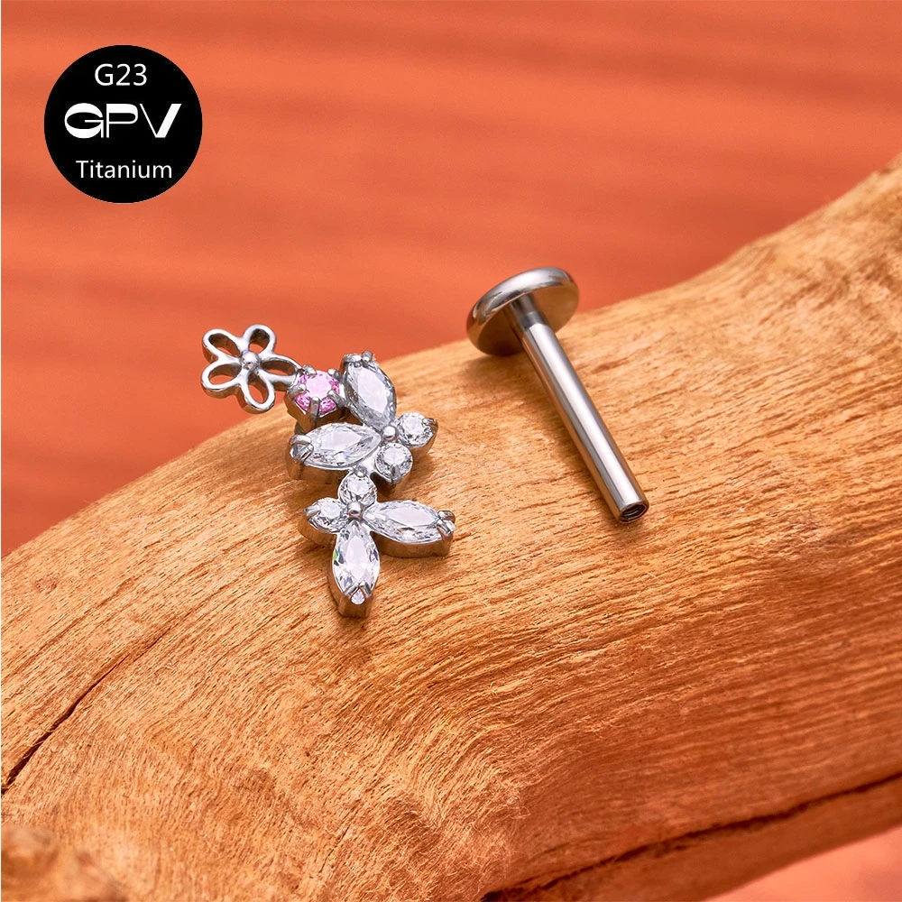 New G23 F136 Titanium Ear Bone Studs, Flower and Leaf Design 18K Gold Fashionable Pierced Jewelry for OL Men and Women - view 2