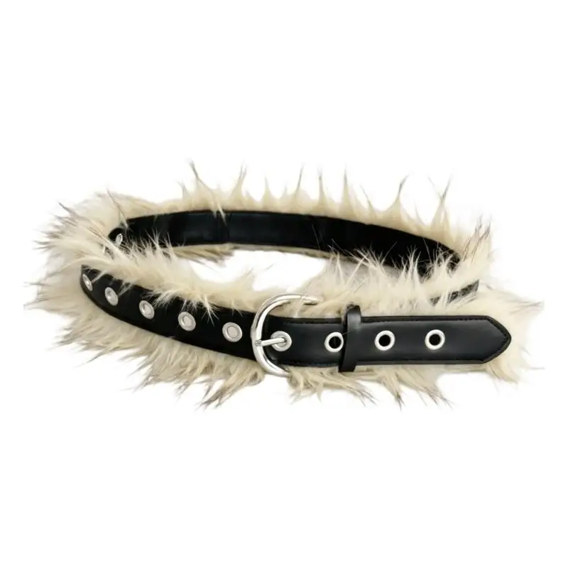 31BB Wide Fuzzy Waist Belt with Plush Trim and Flexible Eyelet Hold for Daily Outfits and Skirt Styling with Layers