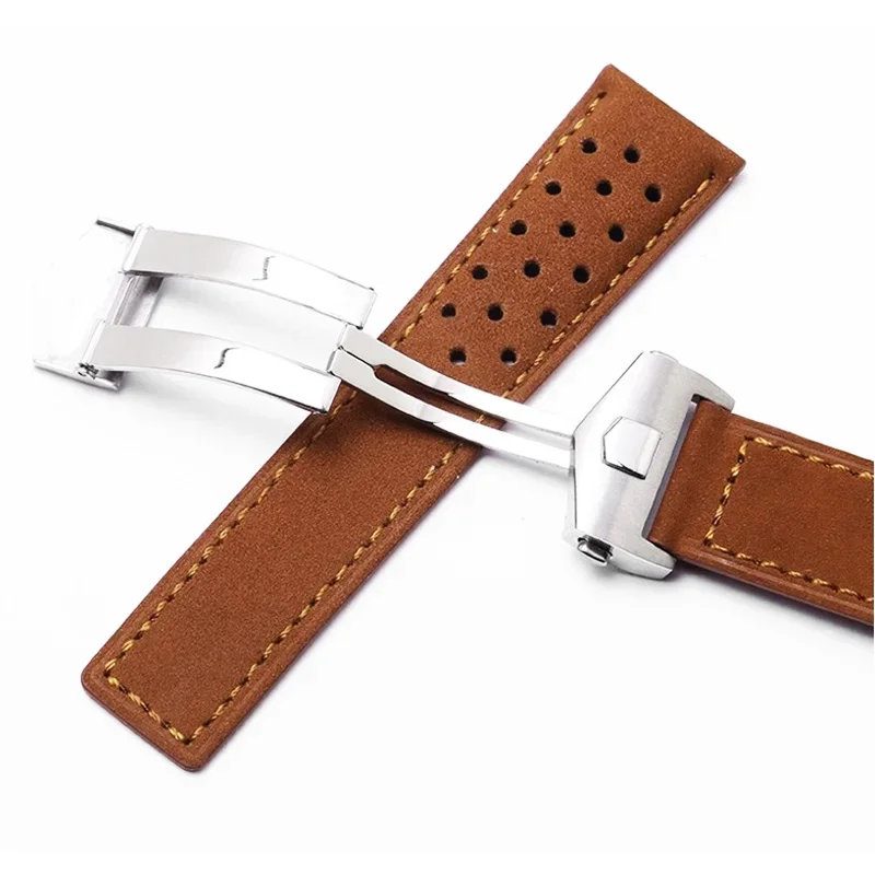 20mm 22mm 24mm Soft Genuine Cow Leather Watchband for Tag Heuer Carrera Monaco Series Frosted Fold Buckle Men Cowhide Straps