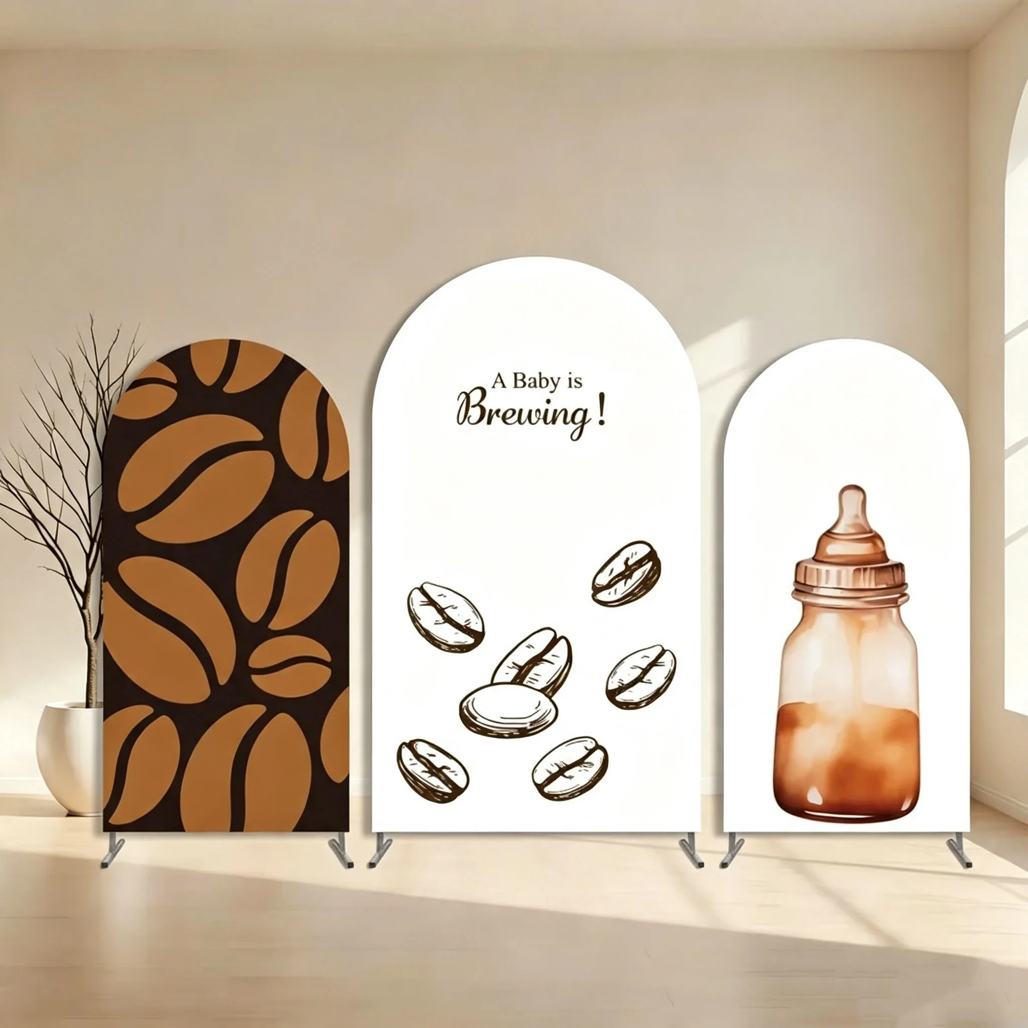 Custom Double-Sided A Baby is Brewing Baby Shower Arch Backdrop Cover Coffee Baby Bottle Gender Revealed Birthday Party Photo