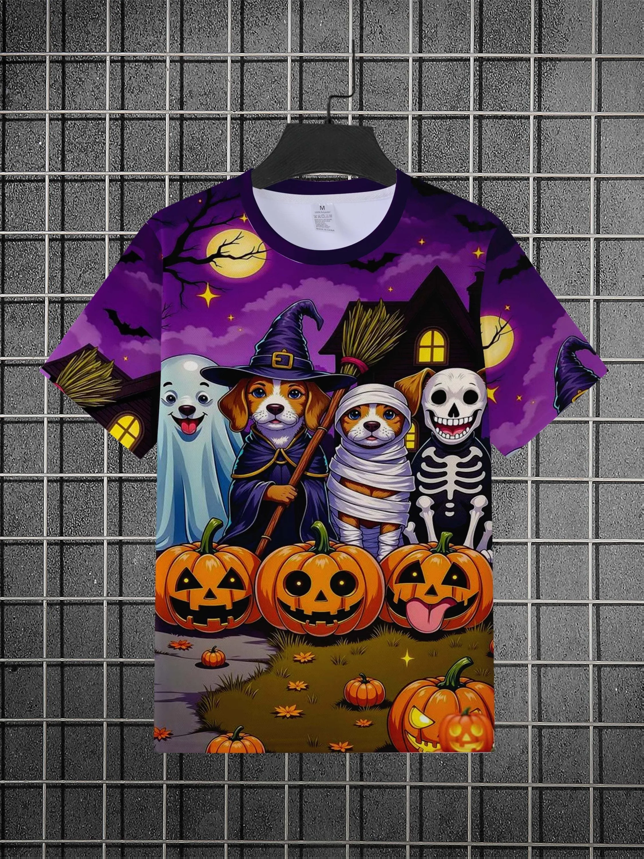 Men Short Sleeve T‑Shirt 3D Cosplay Dog Ghost Mummy Skeleton Pumpkin Moon Bat Print Halloween Party Casual Top
