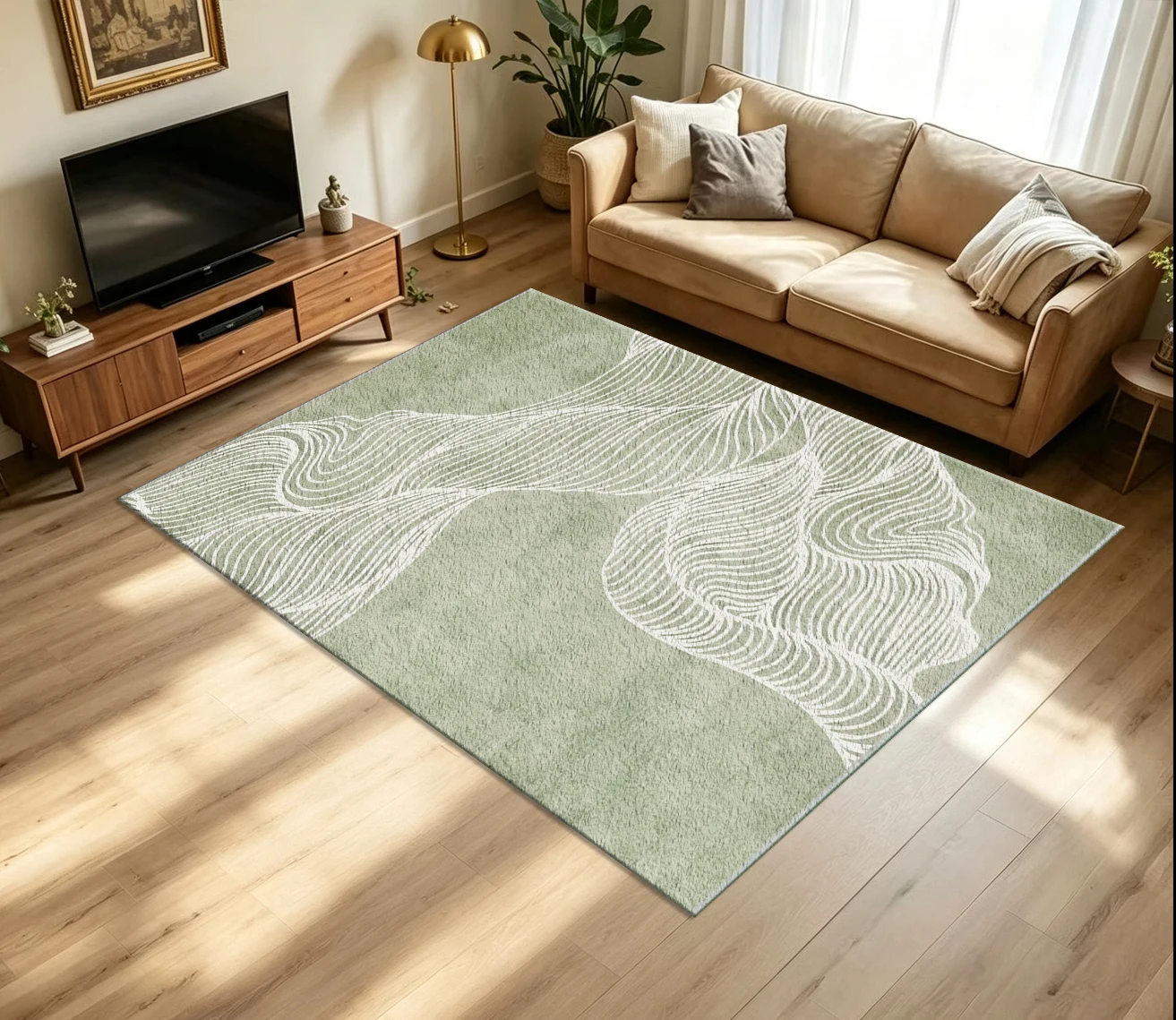 Sage Green White Wavy Contour Line Abstract Carpet Flooring Minimalist Large Area Rug for Apartment Home Interior