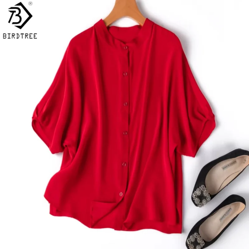 

Birdtree, 20MM 100% Real Silk Blouse, Stand Collar Batwing sleeve Tops, Women's Single Breasted Shirt, 2026 Spring New T63730JF