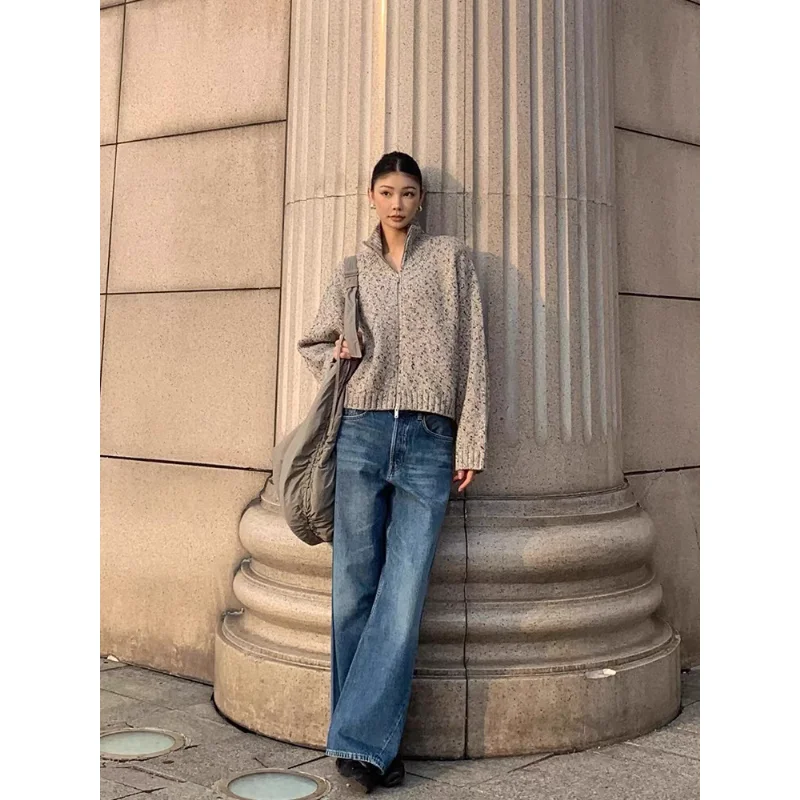 カジュアルウールテクスチャジッパーニットセーターコート CS Sle レディースファイオン秋アウターウェアロングスベ暖かいレギュラーフィット