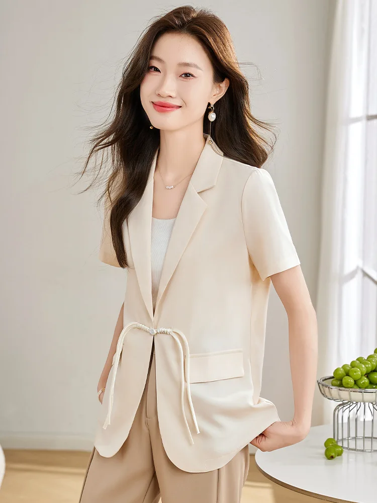 Acetate Satin Small Suit Jacket for Women Summer2024New Design Sense New Chinese Casual Short-Sleeved Suit Top