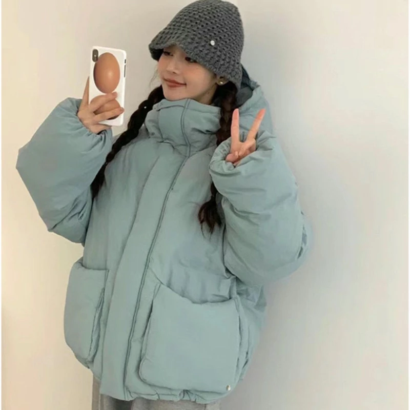 Inverno novo casual para baixo jaqueta feminina pato branco para baixo engrossado quente com capuz puffer jaqueta grandes bolsos solto casual casaco curto