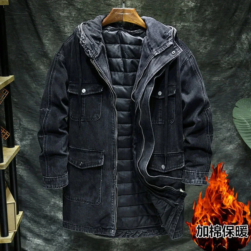 Imagem -03 - Cabolsa Jeans Espesso de Pelúcia Masculino Jaqueta com Capuz Fino Tops Médios e Longos Destacáveis Roupas Acolchoadas de Algodão Carga Externa Inverno