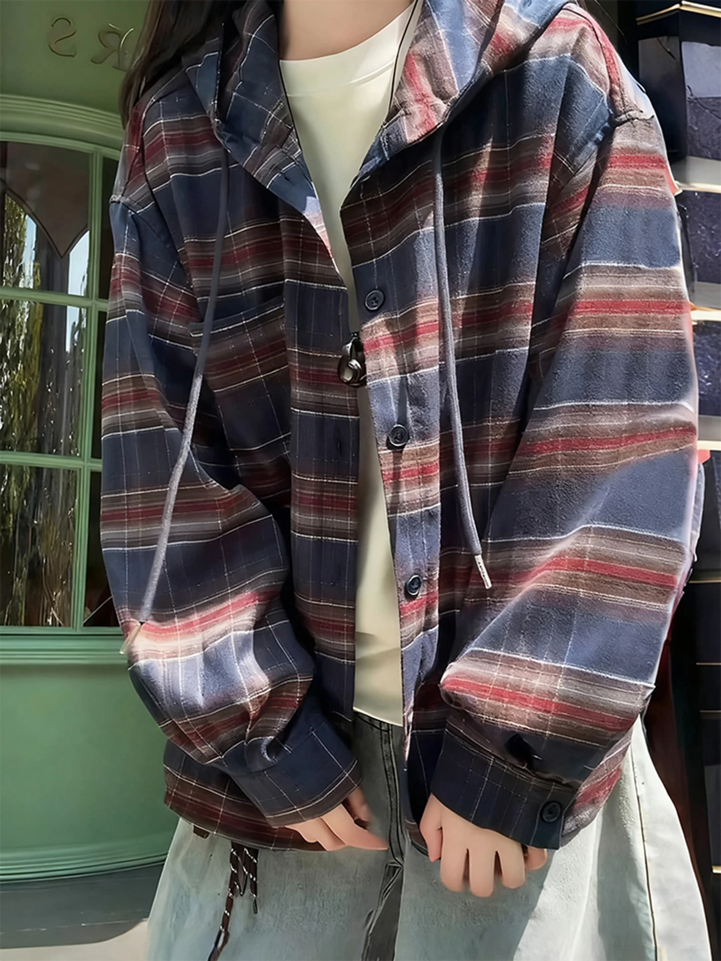 

Plaid Color Block Long Sleeve Hoodie Shirt Men's Style American Retro Cool Top Cleanfit Shirt Jacket Youth Casual Wear