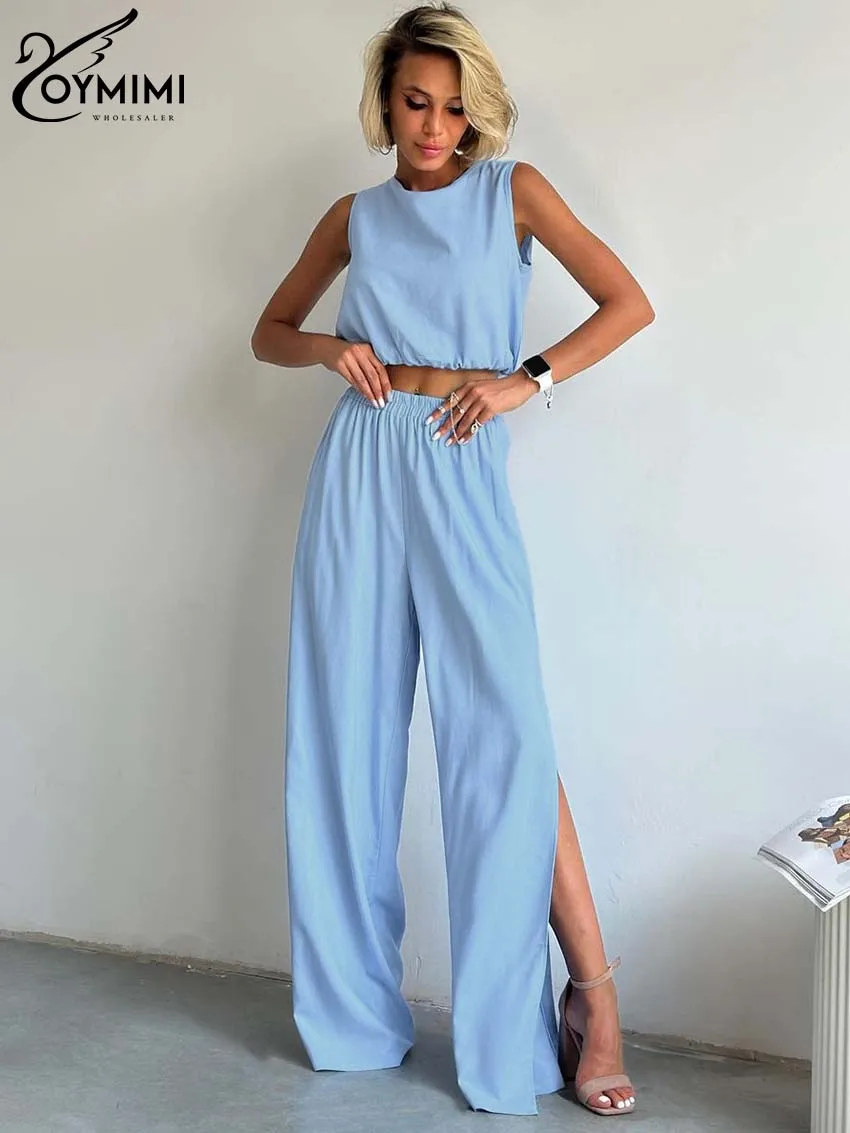 

Oymimi Fashion Blue Sets Womens 2 Piece Elegant O-Neck Sleeveless Crop Tops And Straight Side Slit Full Length Pants Female Sets