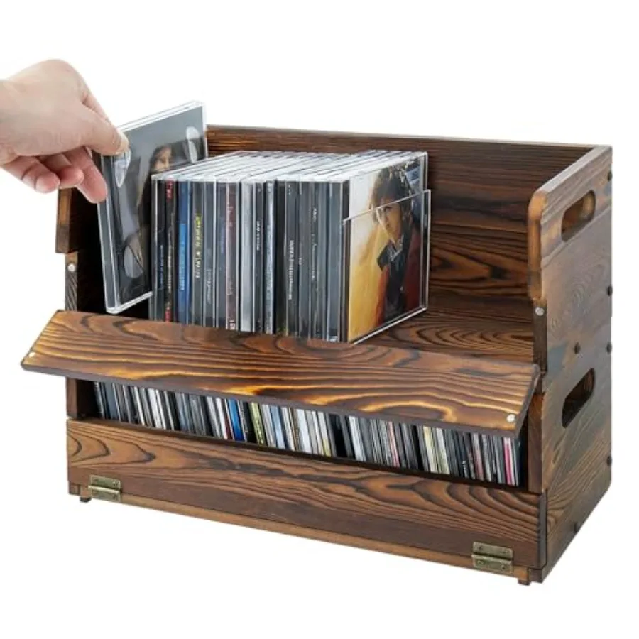 

2 Pcs CD Rack Stackable CD Storage Boxes with Cutout Handles and Magnetic Flap Closure DVD Organizer Holder Rustic Burnt Wood