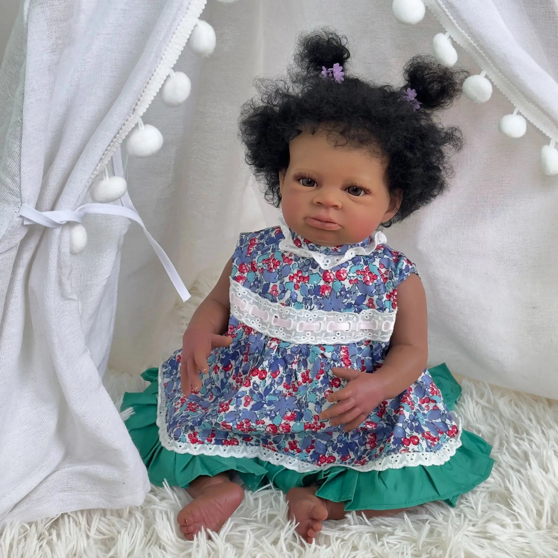 Dark Skin 50CM Newborn Baby Doll Reborn Awake Soft Silicone Rooted Hair Doll Vinyl Newborn Girl Doll Princess Toddler Toy Gift