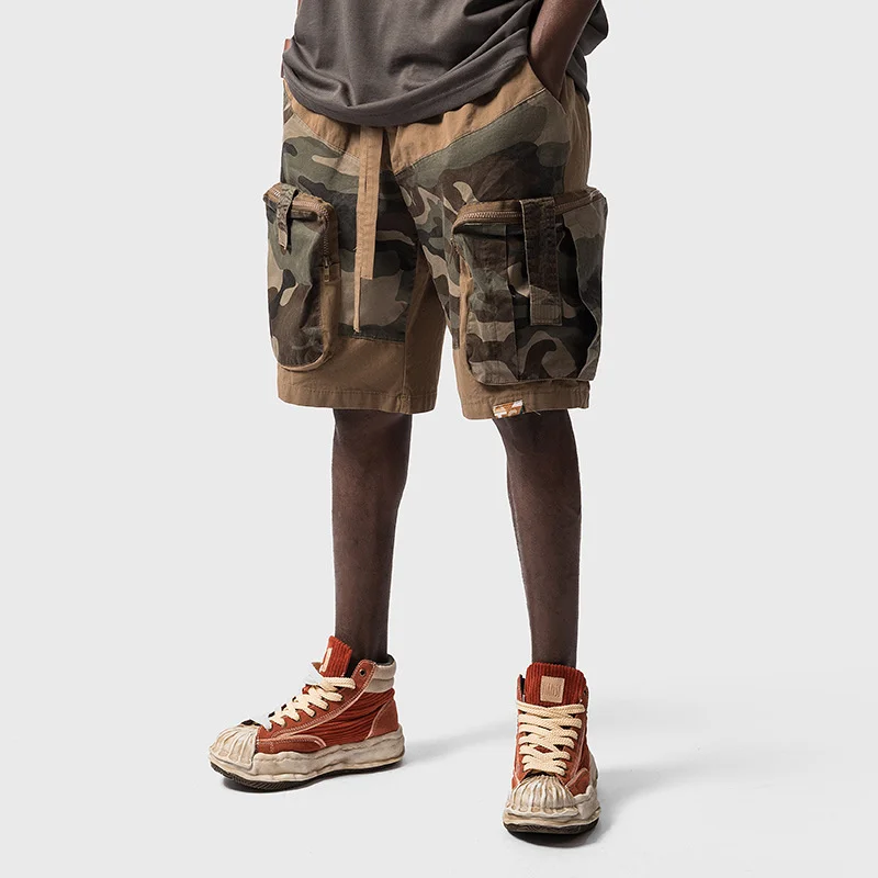 

Summer Street Multi Pocket Camouflage Patchwork Mens Camo Shorts Pants Retro High Street Male Wide Leg Five Point Cargo Pants