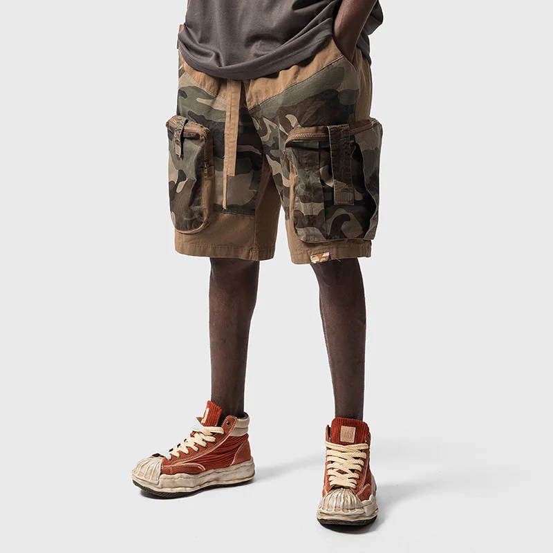 Summer Street Multi Pocket Camouflage Patchwork Mens Camo Shorts Pants Retro High Street Male Wide Leg Five Point Cargo Pants