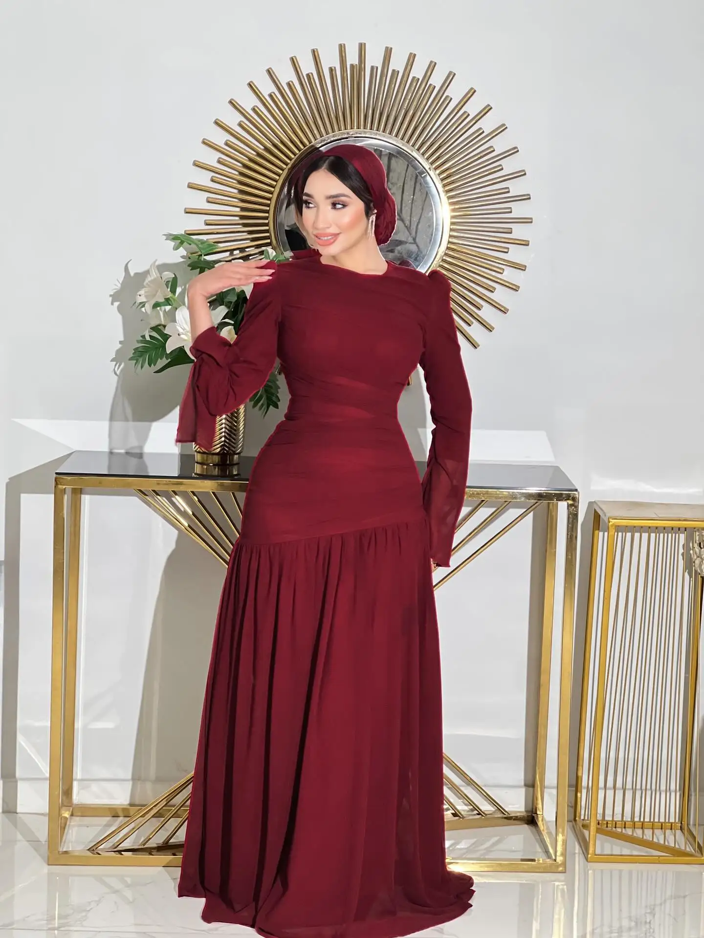 Vestido de fiesta elegante con cuello redondo para mujer, medalla personalizada, gasa plisada, largo hasta el suelo, vestido de noche para fiesta, vestidos para ocasiones especiales