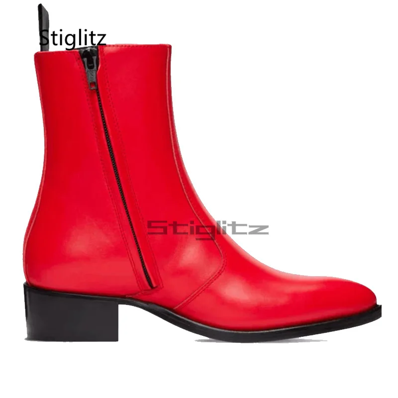 Red Genuine Leather Men's Ankle Boots Pointed Toe Side Zipper Chelsea Boots British Style Fashion Handmade Male Party Shoes