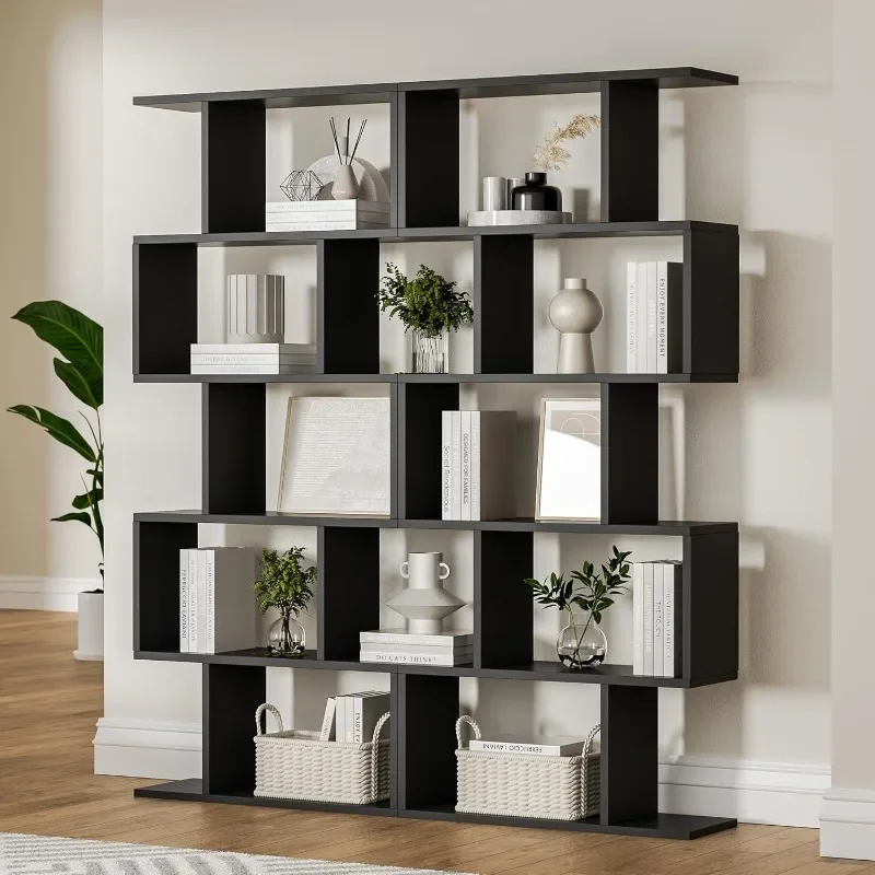 5-Tier Geometric Bookcase, S-Shaped Modern Bookshelf Set of 2, 62.6