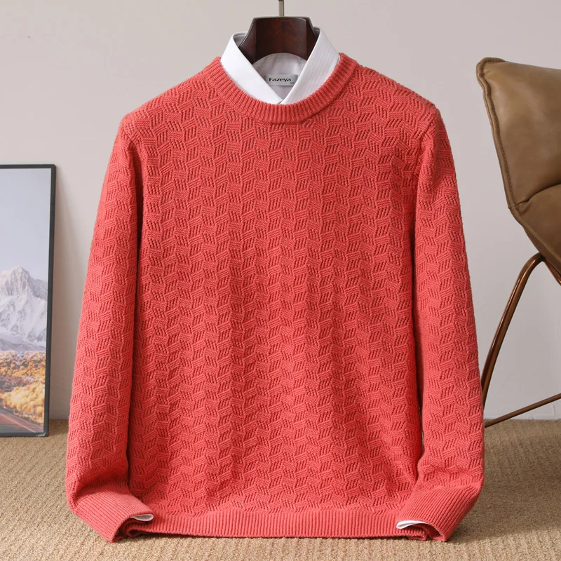 MVLYFLRT Men's 100% Merino Wool Round Neck Pullover Sweater Braided Knit Winter Thick Clothing Comfortable Soft Fabric