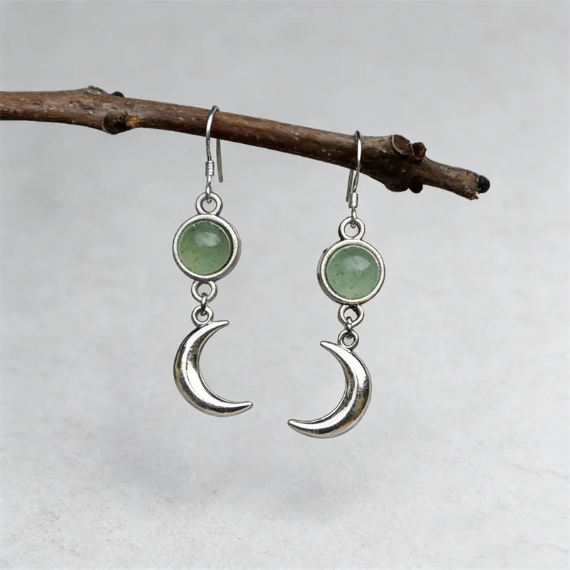 Personalidade criativa prata cor lua brincos requintado redondo incrustado pedra verde brincos de gota para mulher jóias de noivado