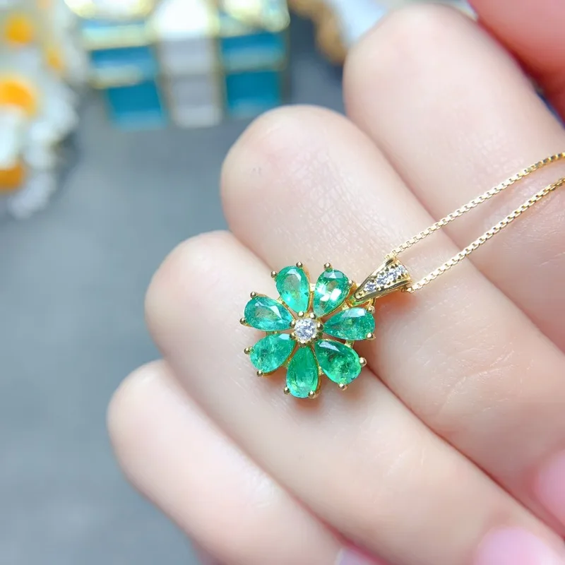 New Luxury Japan and Korea Pure Natural Emerald Clavicle Chain Pendant Necklace S925 Sterling Silver Inlaid Gold Plated