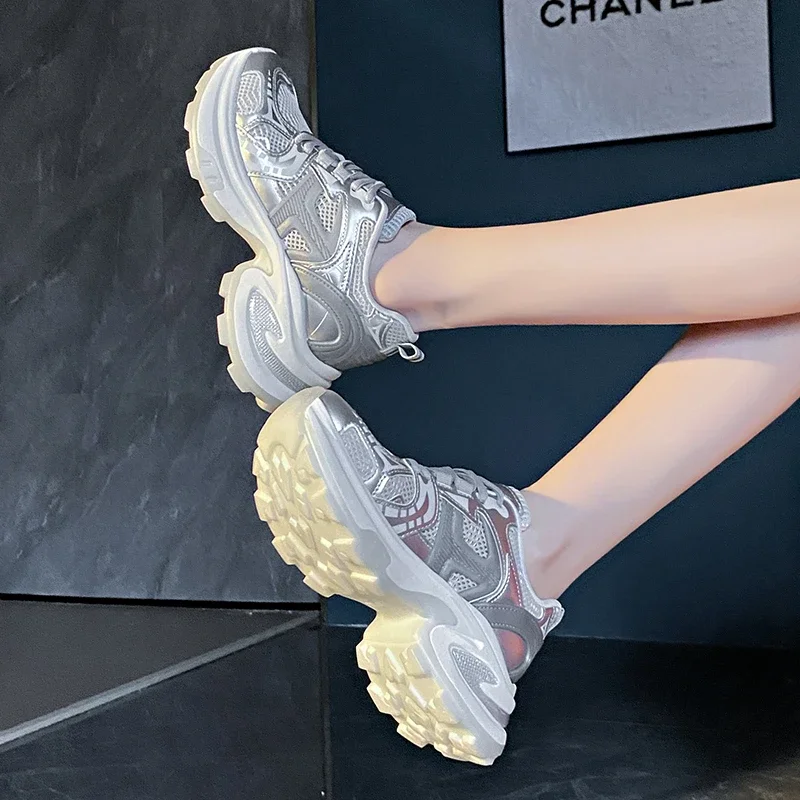 Thick Sole Women Sport Running Shoes Comfortable Walking Sneakers for Girls Spring Summer Silver Lady Fitness Walk Shoes image 5