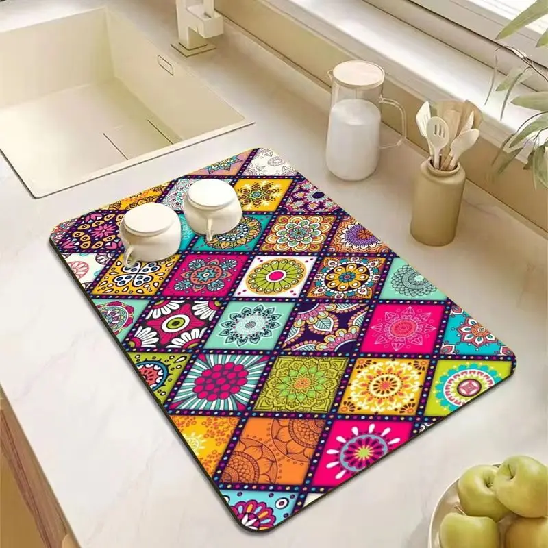 VIKAMA Boho Mandala Tile Coffee Mat Absorbent Quick Dry Non Slip Kitchen Counter Pad For Espresso Machine Sink Drying Decor Mat