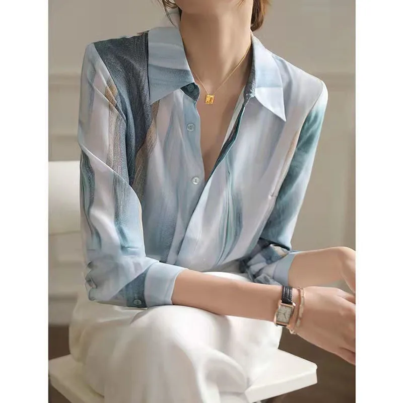 Fashion Gradient Printed Elegant Turn-down Collar Chiffon Blouse Female Korean Loose Long Sleeve Button Shirt Women's Clothing