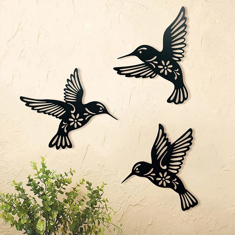 3szt Metal Hummingbird Wall Art Decoration Hollow Out Iron Bird Sculpture Waterproof Wall Hanging Figurines Ornament Home Decor