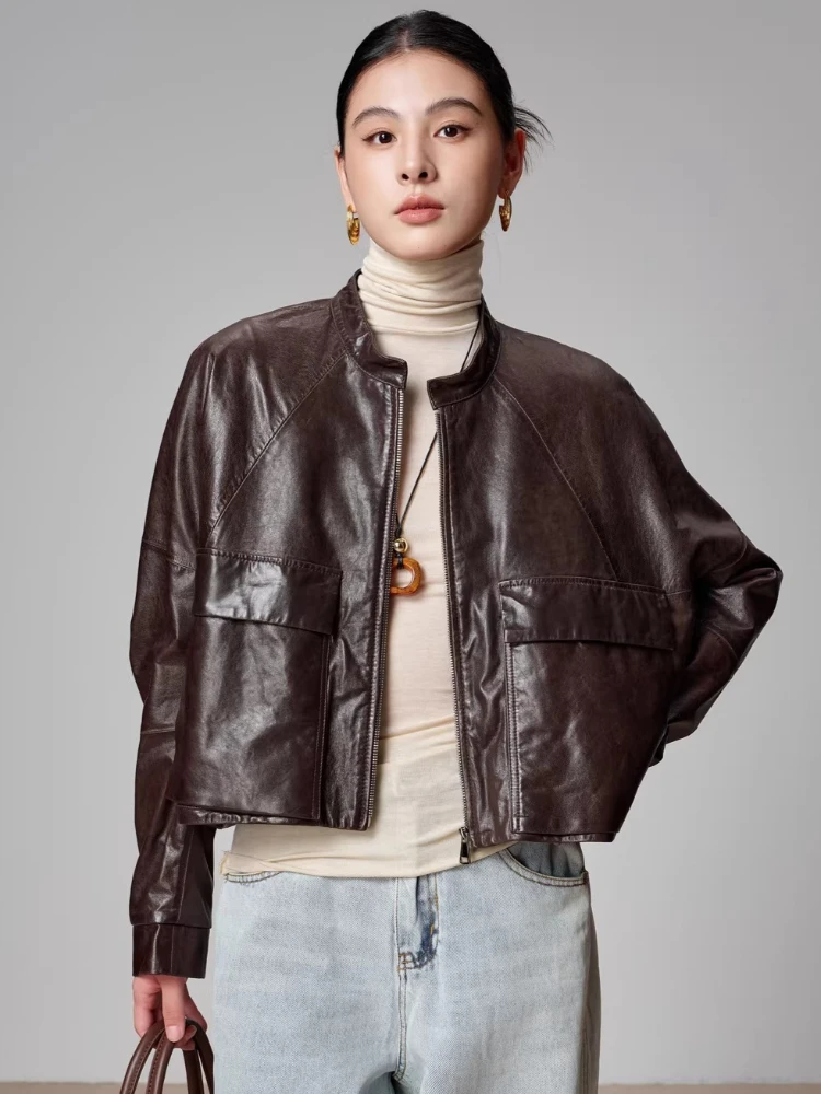 

Vintage Short Genuine Leather Motorcycle Jackets for Women High-end Simple Stand Collar Loose Soft Oil Wax Real Sheepskin Coat
