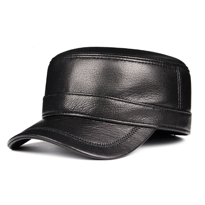 Winter Real Leather Cap Men's Flat Caps Warm Army Military Hat Elegant Man Baseball Cap Sheepskin British Vintage Leather Hat