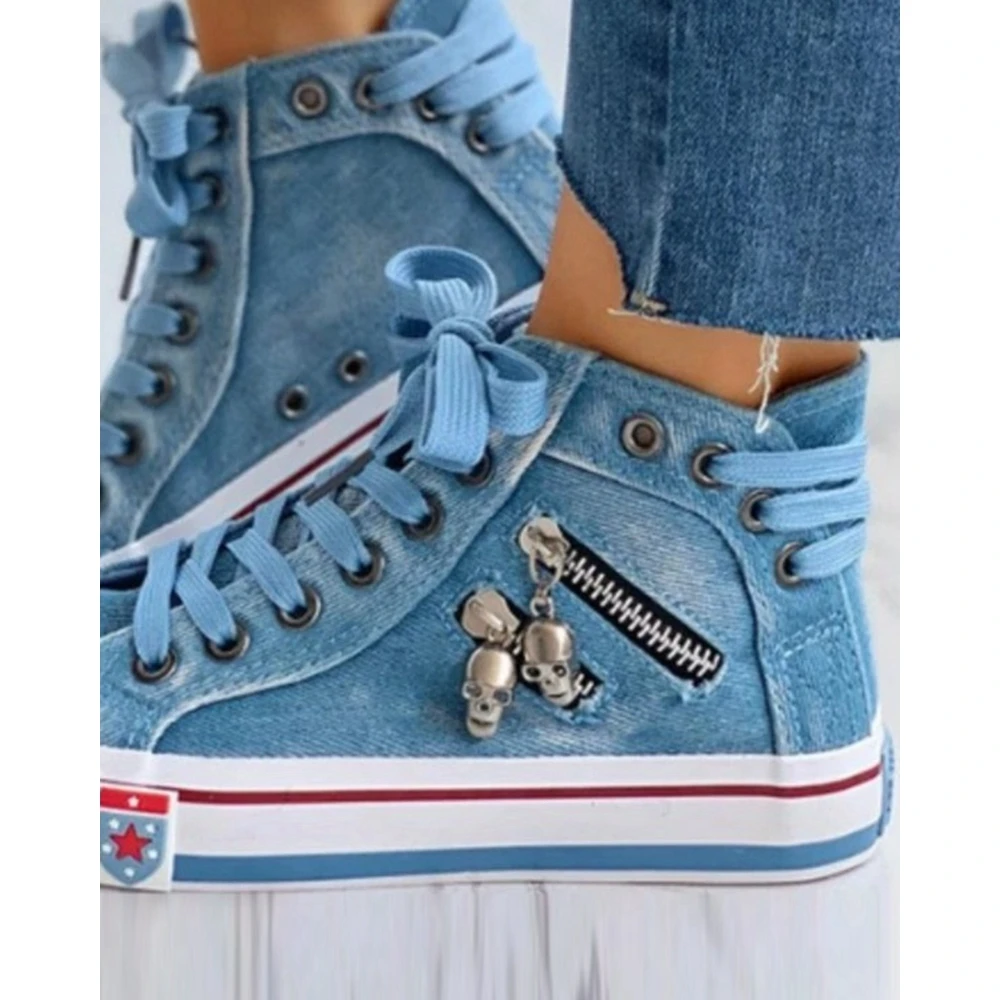 Women Denim Eyelet Lace-up Zipper Design Skull Decor Sneakers Spring Autumn Daily Casual Sports Sunning Shoes 2024 Korean Style