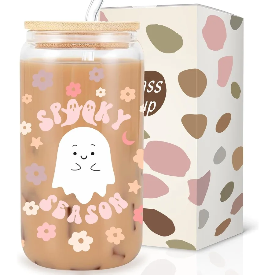

Spooky Season Can Glass Cup With Lid And Straw Cute Spooky Iced Coffee Cup Halloween Party Favors Boo Basket Stuffers