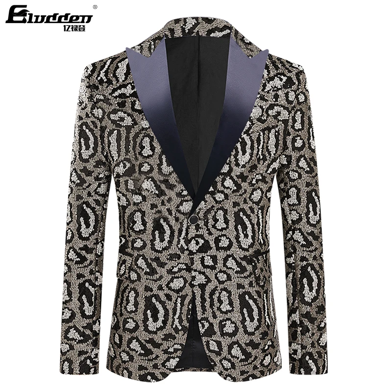 Men Leopard gradient Sequins Fashion Blazer Masculino Men Suit Jacket Stage Singer Costume Shiny Leopard texture Sequins Blazers