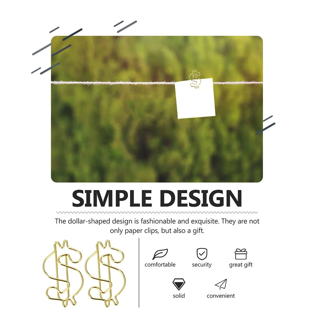 10 stücke Galvani Gold Büroklammern Legierung Metall Datei Clips Dollar Design Dekorative Büro Schule Liefert Binder Klemmen Für