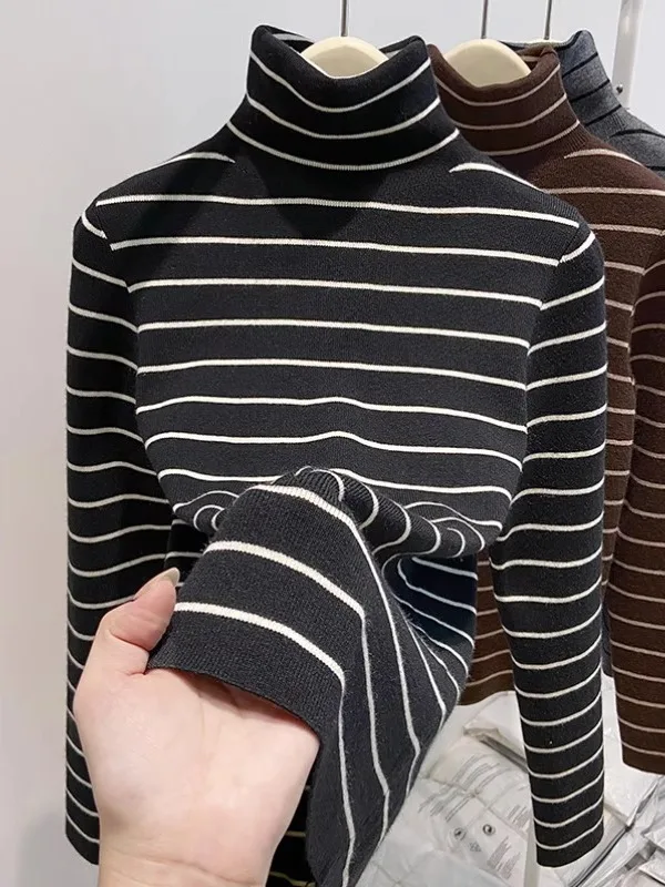

Ретро-свитер с контрастными полосками и высоким воротником, длинными рукавами, вязаный, женский, приталенный, для ношения под одеждой, осенне-зимняя новинка