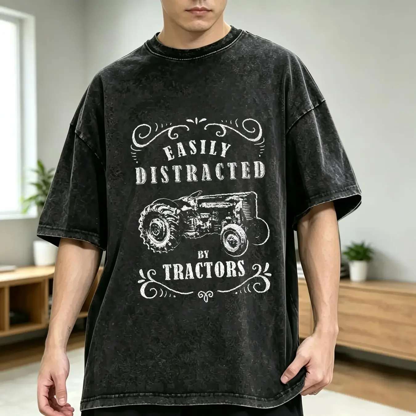 washed T Shirt Vintage Funny graphic easily distracted by tractor Large Capacity Backpack Print Backpacks vintage Washed