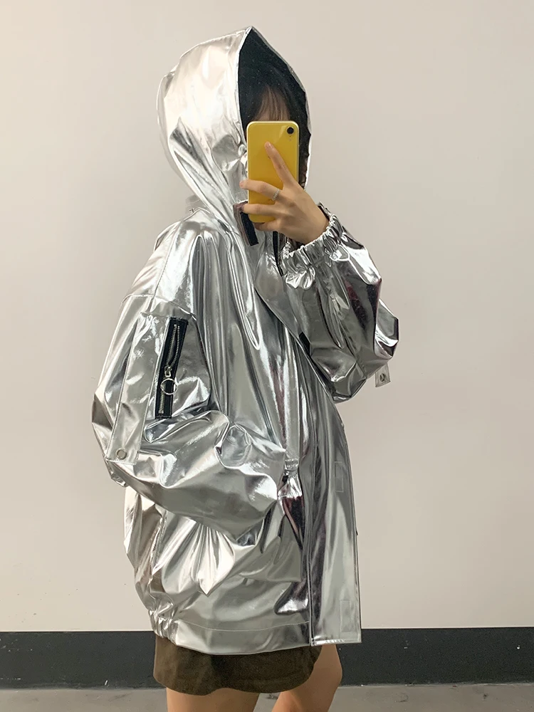 Nerazzurri Spring Oversized Cool Silver Gold Blue Shiny Reflective Patent Pu Leather Jacket Women with Hood Unisex Y2K Clothes