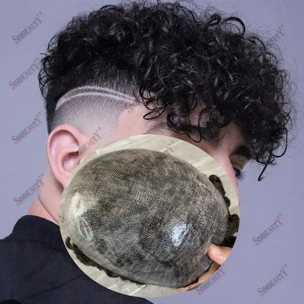 

Natural Hairline Durable Full Skin PU Human Hair Toupee for Men 15mm Afro Curly Grey Black Brown Men Capillary Prosthesis System