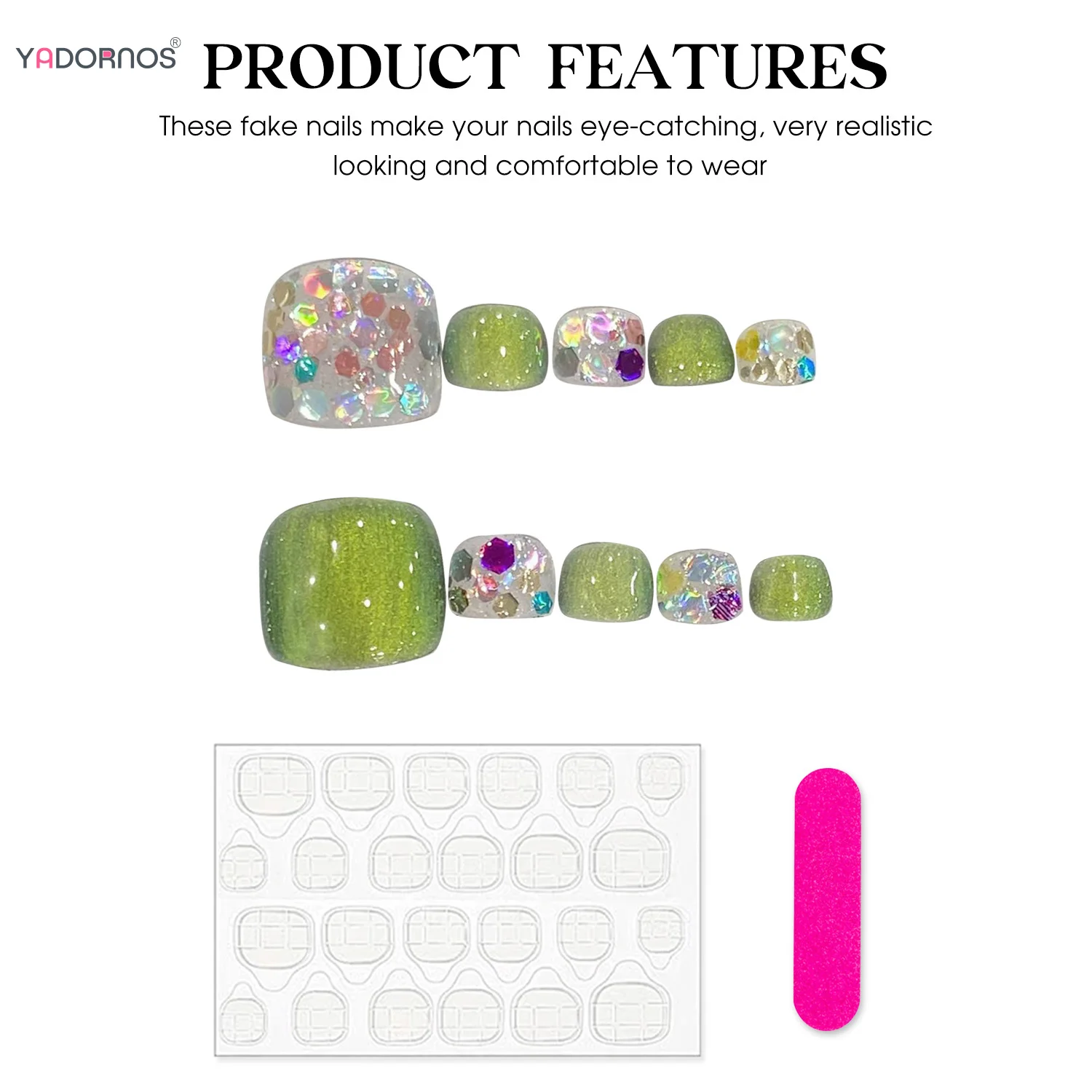 Uñas de los pies falsas hechas a mano para mujer, 10 piezas, diseños de diamantes de colores verdes brillantes, prensatelas para uñas de verano, manicura usable