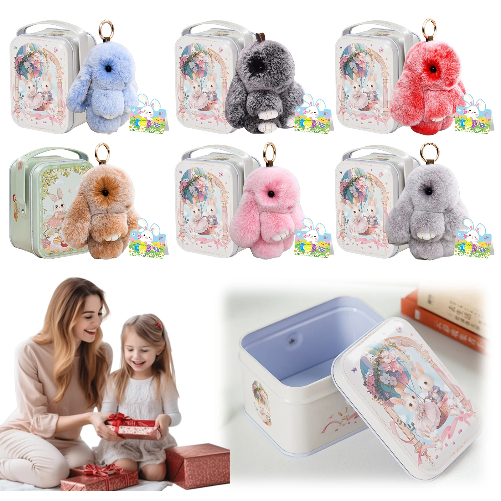 

Cute Soft Fuzzy Bunny Keychain with Tin Box & Best Wishes Card Bunny Doll Pendant Keychain for Bags & Backpacks