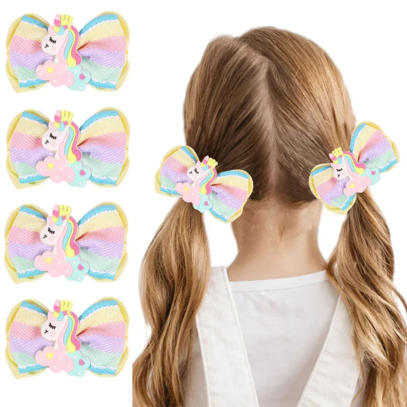 ncmama 2PCS Rainbow Unicorn Hair Bow Clips Colorful Striped Ribbon Bowknote Hairpins Fashion Barrettes Girls Hair Accessories